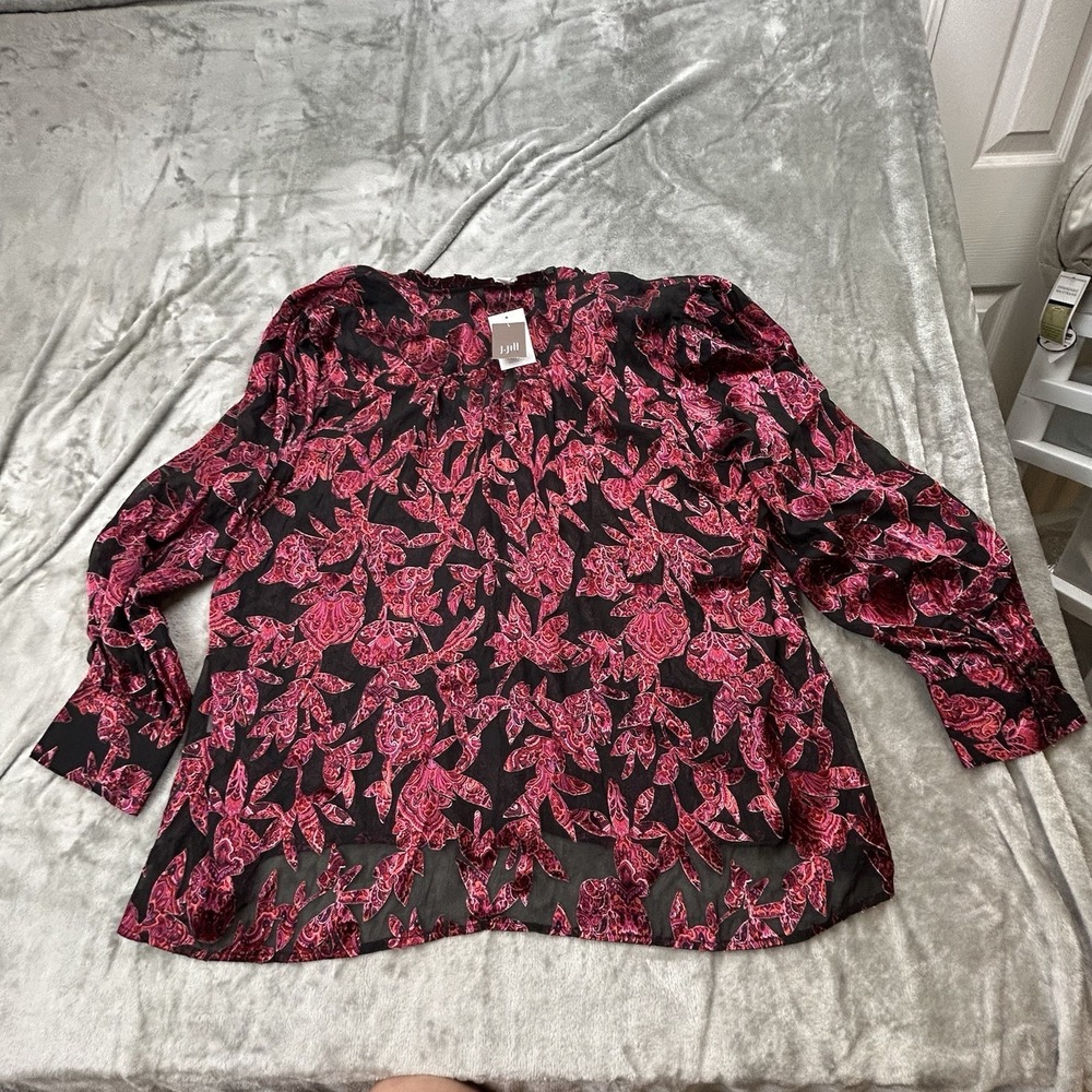 J Jill 2X Black Pink Floral Sheer Button Front Blouse Top Lightweight Plus